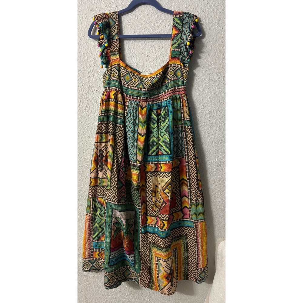 Farm Rio Womens Small Geometric Tropical Patchwork Ruffle Bead Midi Dress Multi